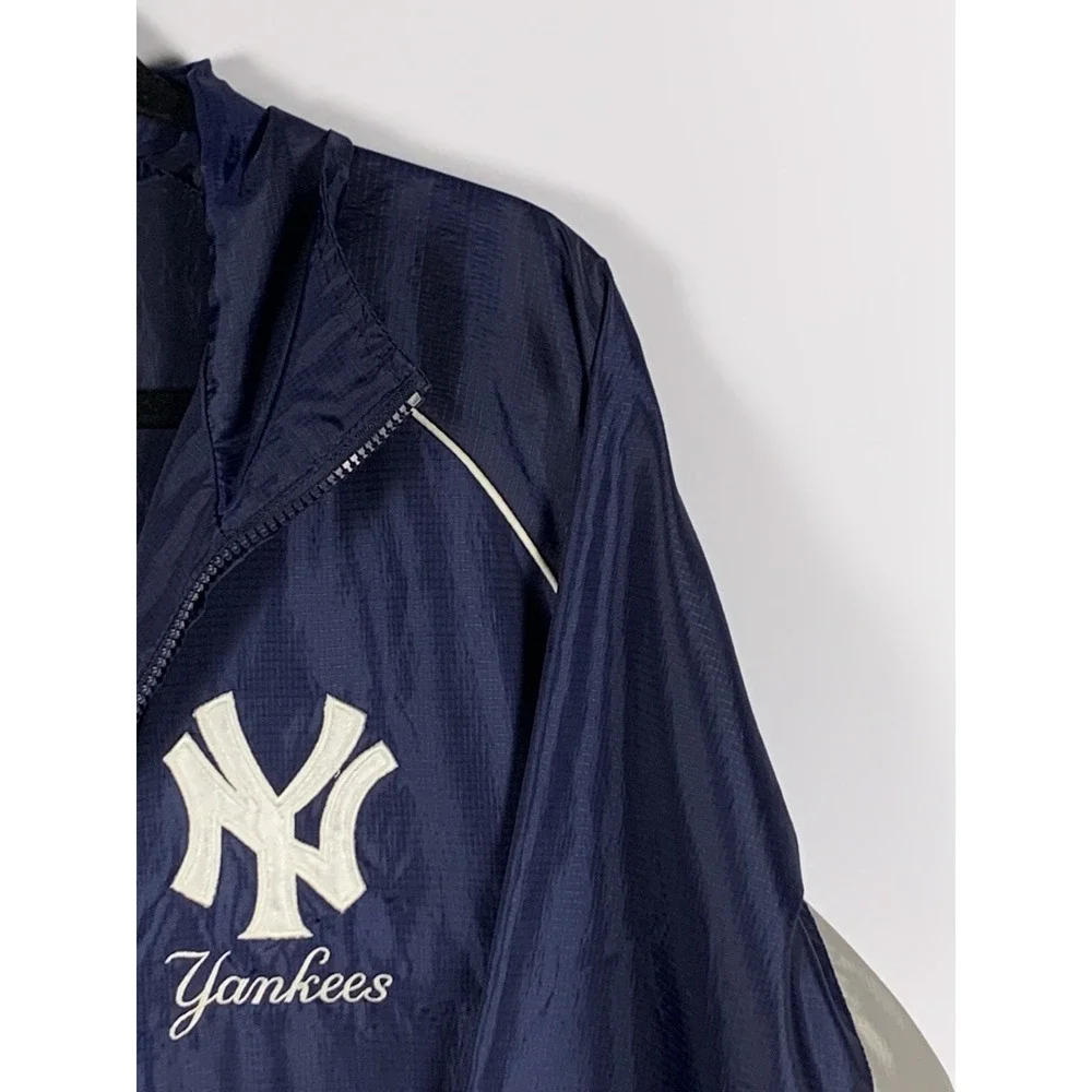 NY Yankees Jacket Mens L Blue Hooded Windbreaker Full Zip MLB Baseball